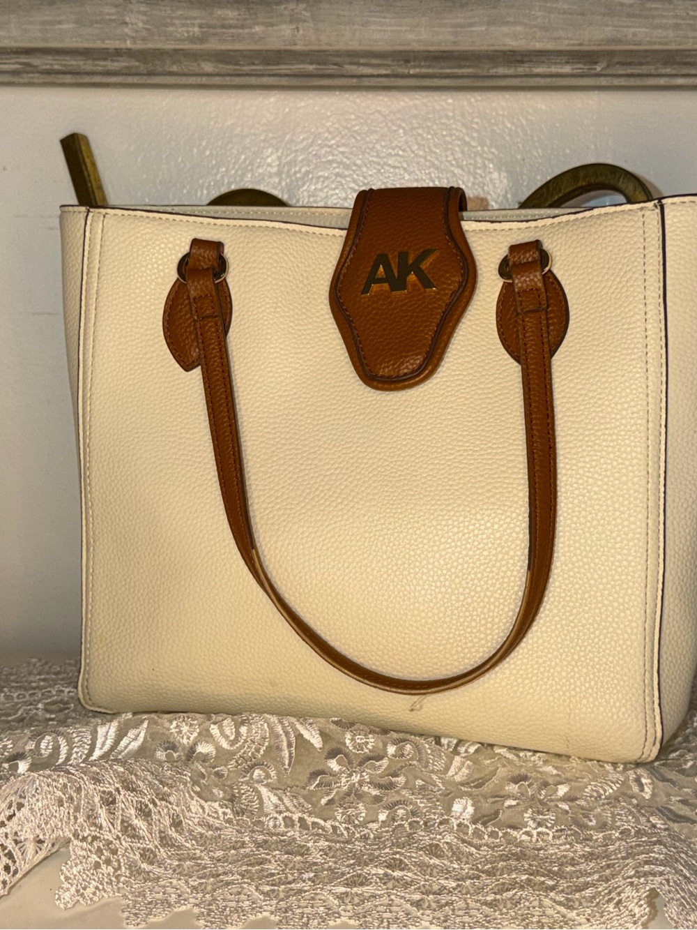 Anne Klein Cream Pebbled Tote with Brown Trim